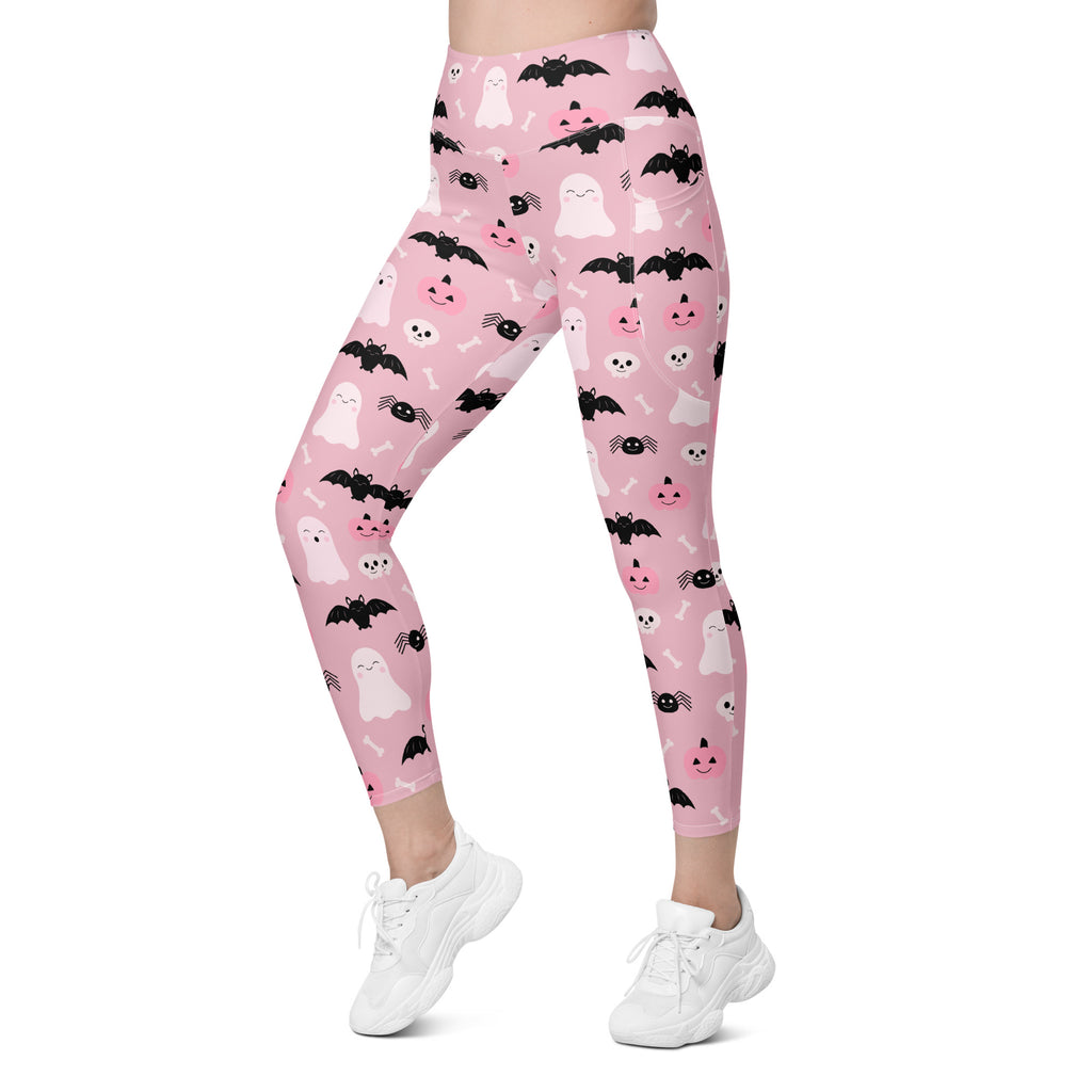 Women’s Pink Halloween Leggings With Pockets – High-Waisted, Soft Compression Active Pants