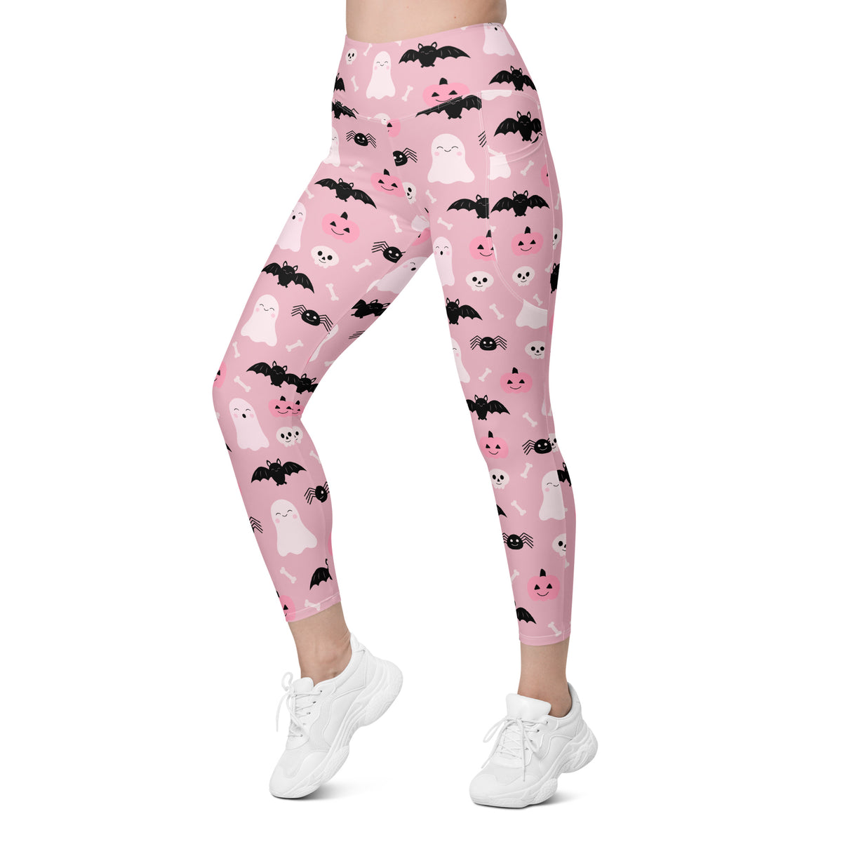 Women’s Pink Halloween Leggings With Pockets – High-Waisted, Soft Compression Active Pants