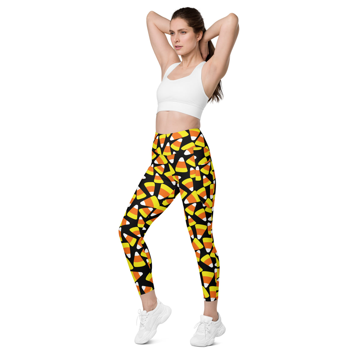 Women’s Candy Corn Halloween Leggings With Pockets – High-Waisted, Soft Compression Active Pants
