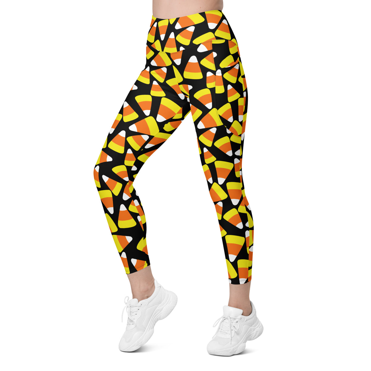 Women’s Candy Corn Halloween Leggings With Pockets – High-Waisted, Soft Compression Active Pants