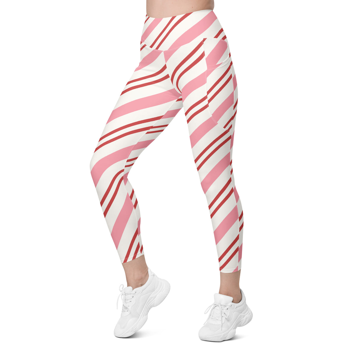 Women’s Pink Candy Cane Stripe Leggings With Pockets – High-Waisted, Soft Compression Active Pants