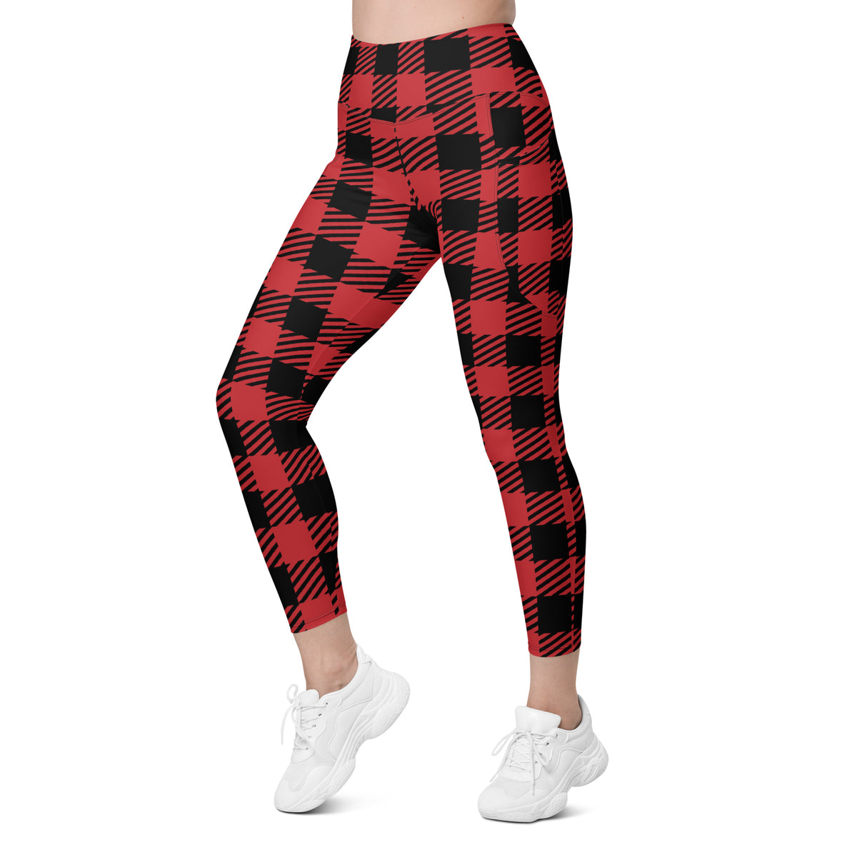 Women’s Red & Black Buffalo Plaid Leggings With Pockets – High-Waisted, Soft Compression Active Pants