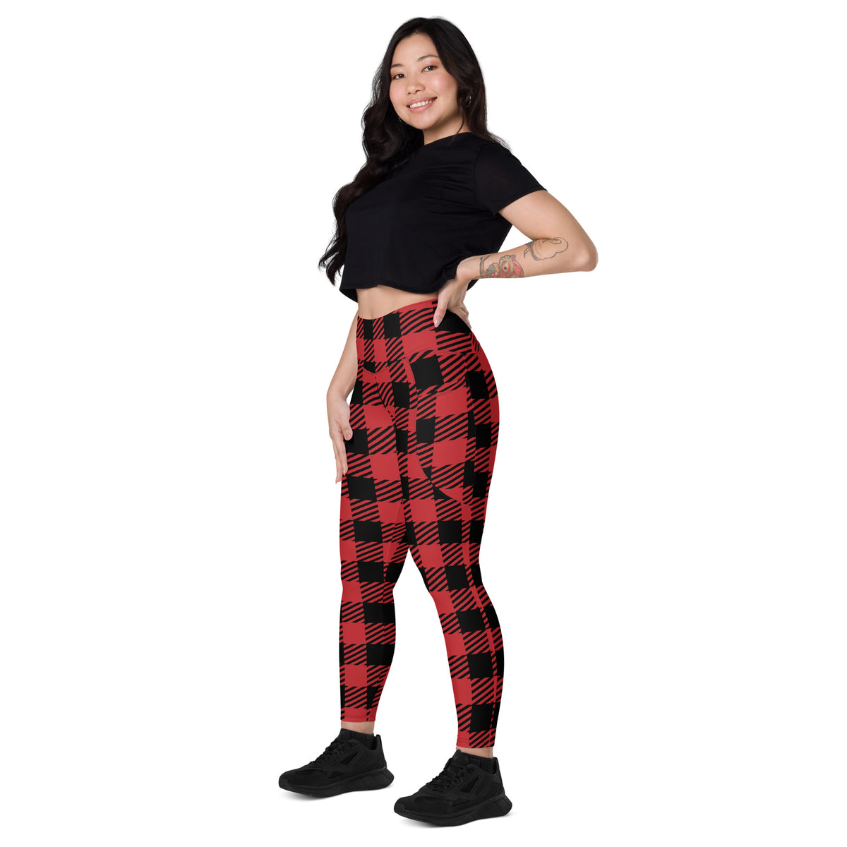 Women’s Red & Black Buffalo Plaid Leggings With Pockets – High-Waisted, Soft Compression Active Pants