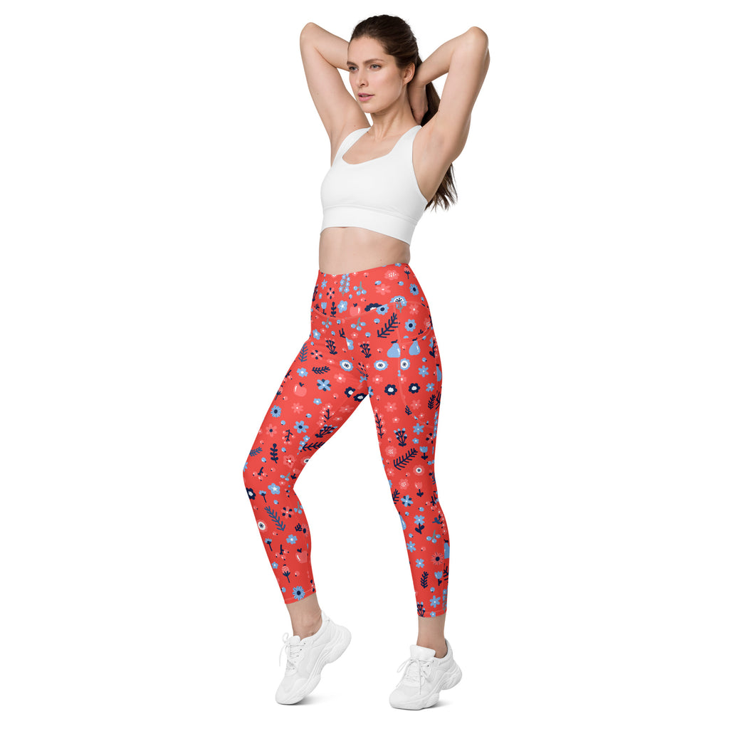 Women’s Coral Floral Leggings With Pockets – High-Waisted, Soft Compression Active Pants