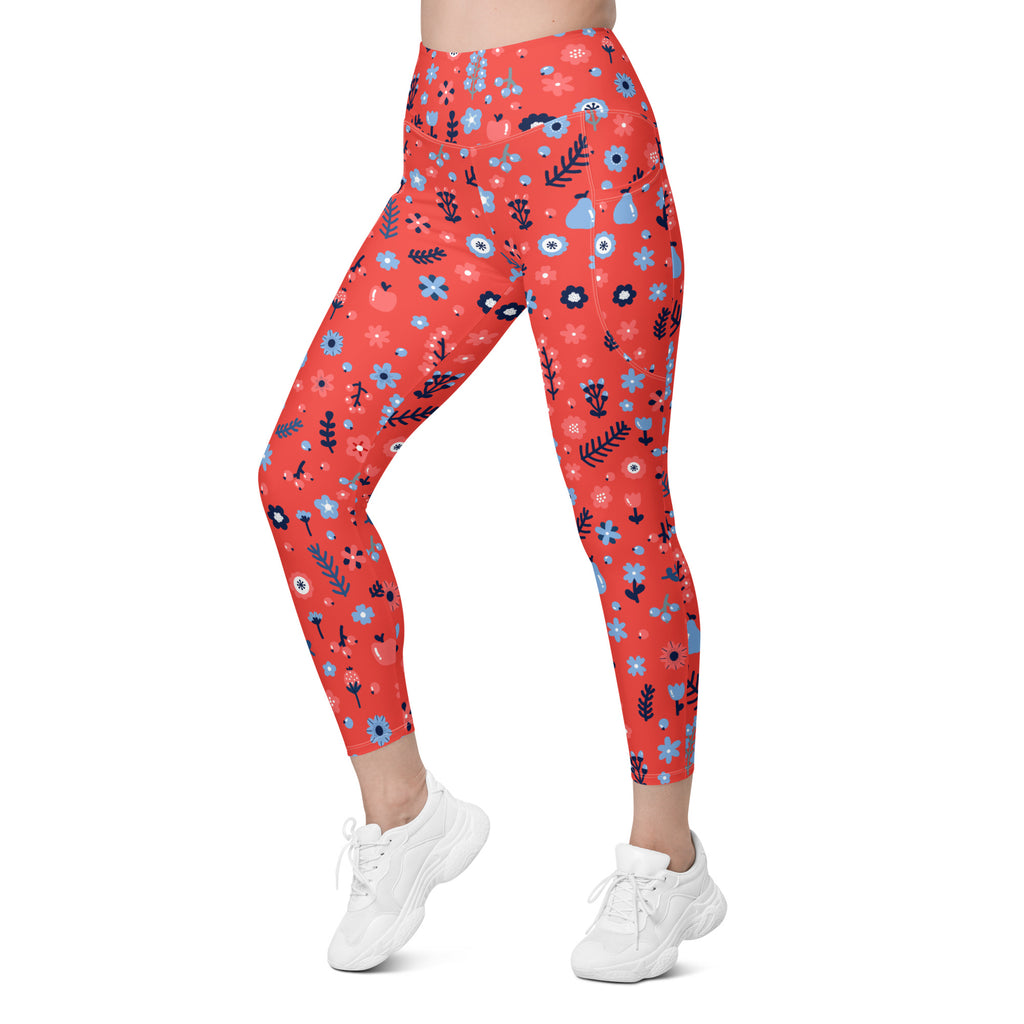 Women’s Coral Floral Leggings With Pockets – High-Waisted, Soft Compression Active Pants