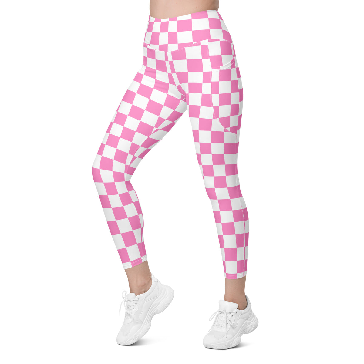 Women’s Pink Checkered Leggings With Pockets – High-Waisted, Soft Compression Active Pants
