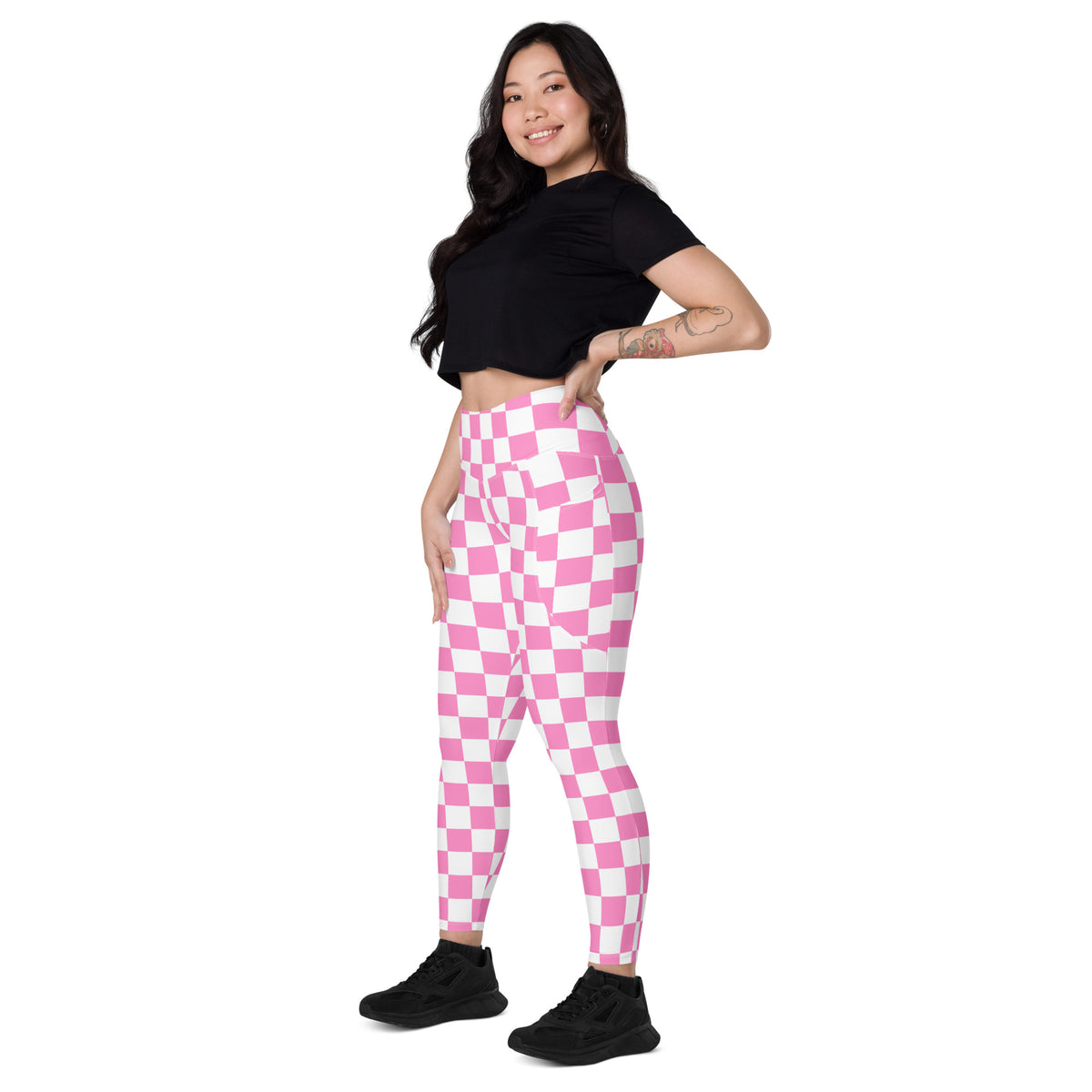 Women’s Pink Checkered Leggings With Pockets – High-Waisted, Soft Compression Active Pants