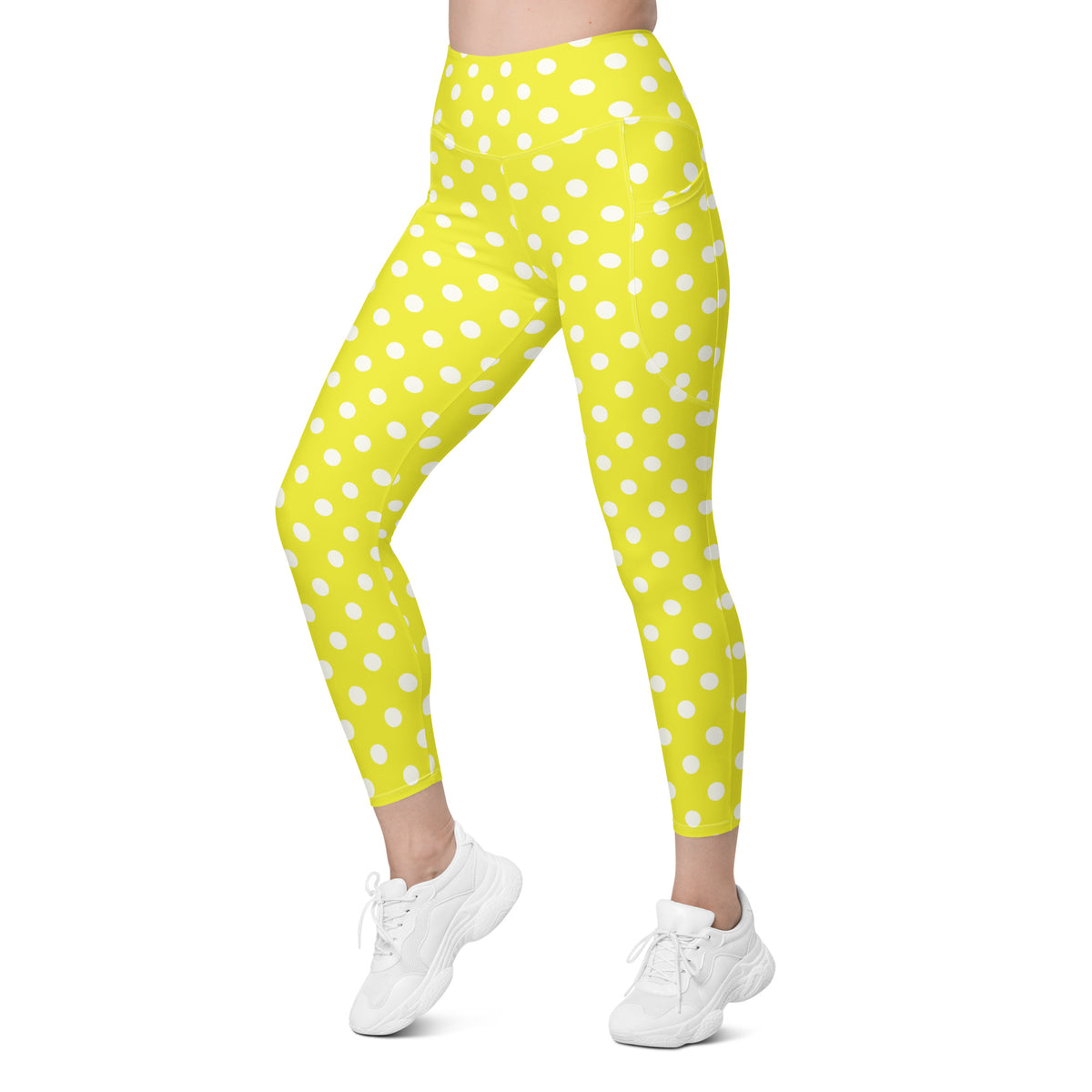 Women’s Yellow Polka Dot Leggings With Pockets – High-Waisted, Soft Compression Active Pants