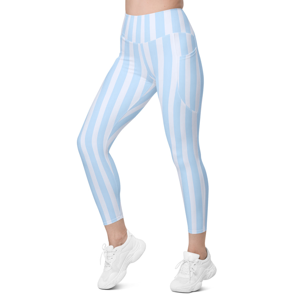 Women’s Light Blue Striped Leggings With Pockets – High-Waisted, Soft Compression Active Pants