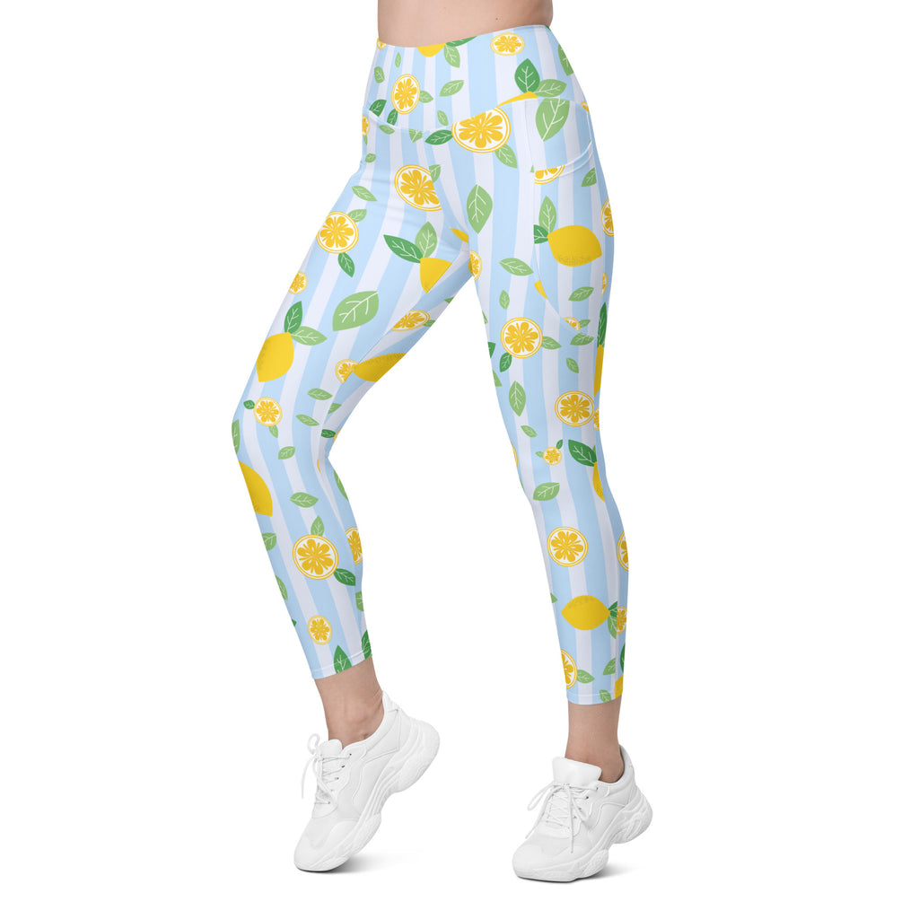 Women’s Lemon Stripe Leggings With Pockets – High-Waisted, Soft Compression Active Pants