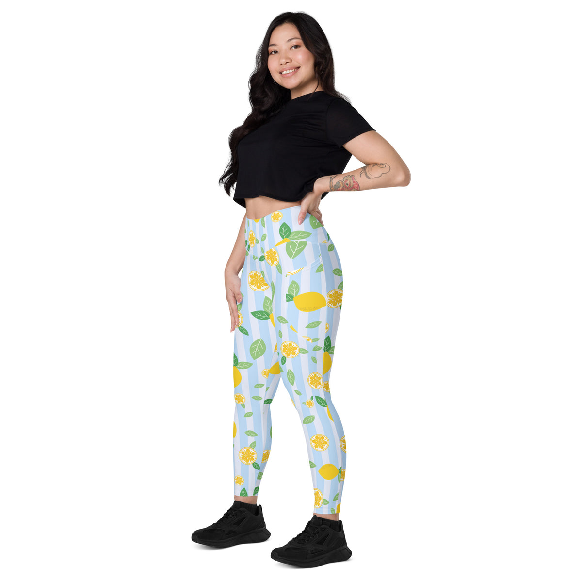 Women’s Lemon Stripe Leggings With Pockets – High-Waisted, Soft Compression Active Pants
