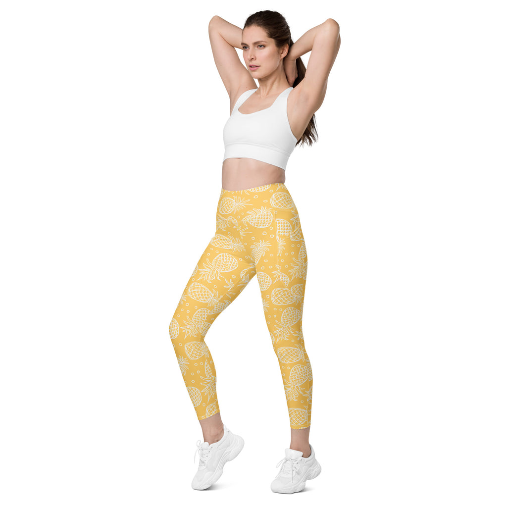 Women’s Light Yellow Tropical Pineapple Leggings With Pockets – High-Waisted, Soft Compression Active Pants