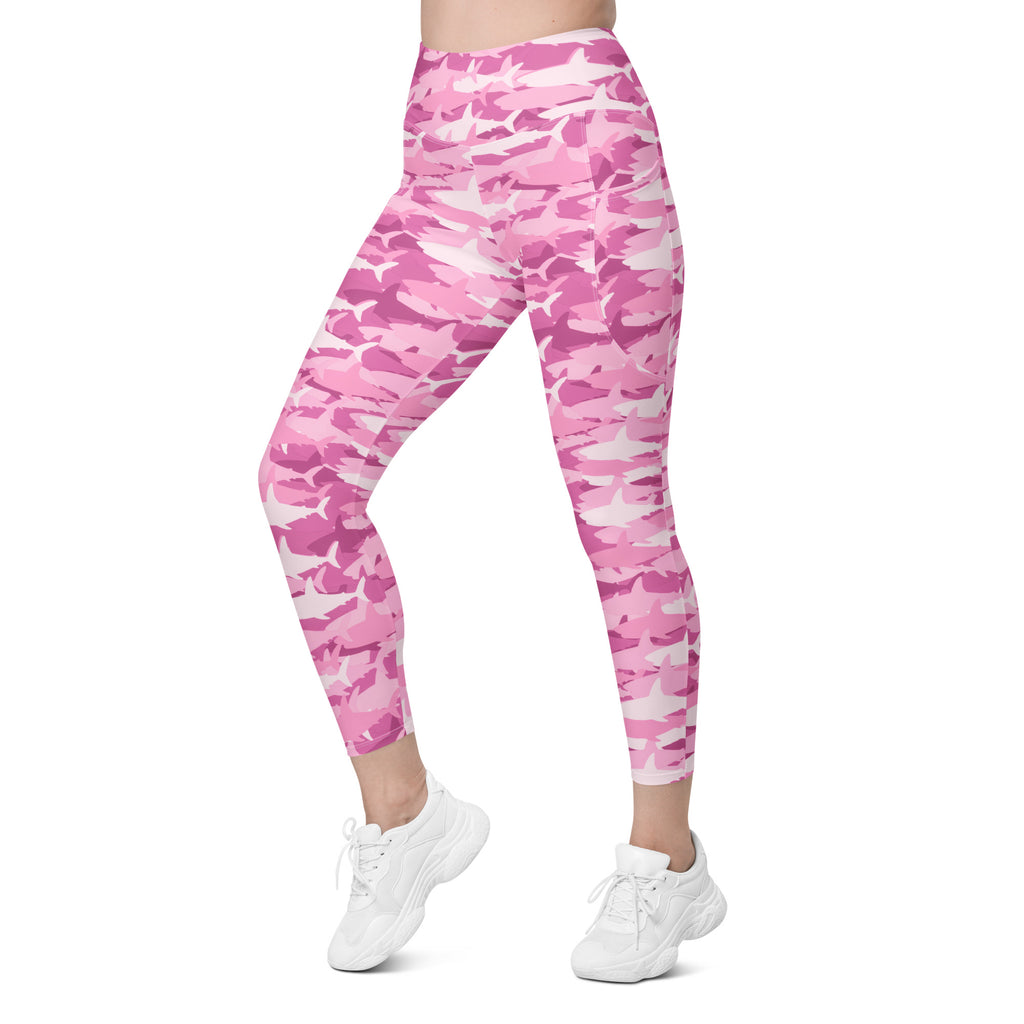 Women’s Pink Shark Camouflage Yoga Leggings With Pockets – High-Waisted, Soft Compression Active Pants