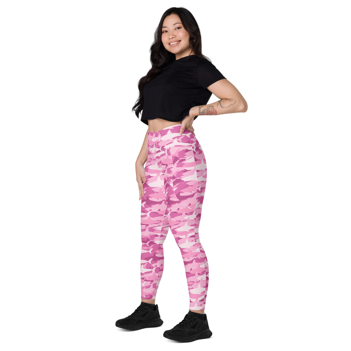 Women’s Pink Shark Camouflage Yoga Leggings With Pockets – High-Waisted, Soft Compression Active Pants