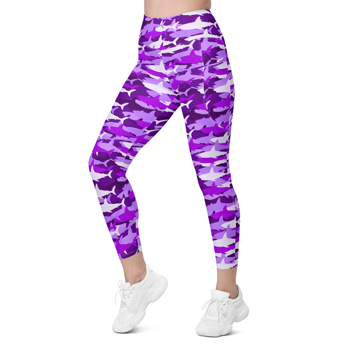 Women’s Purple Shark Camouflage Yoga Leggings With Pockets – High-Waisted, Soft Compression Active Pants
