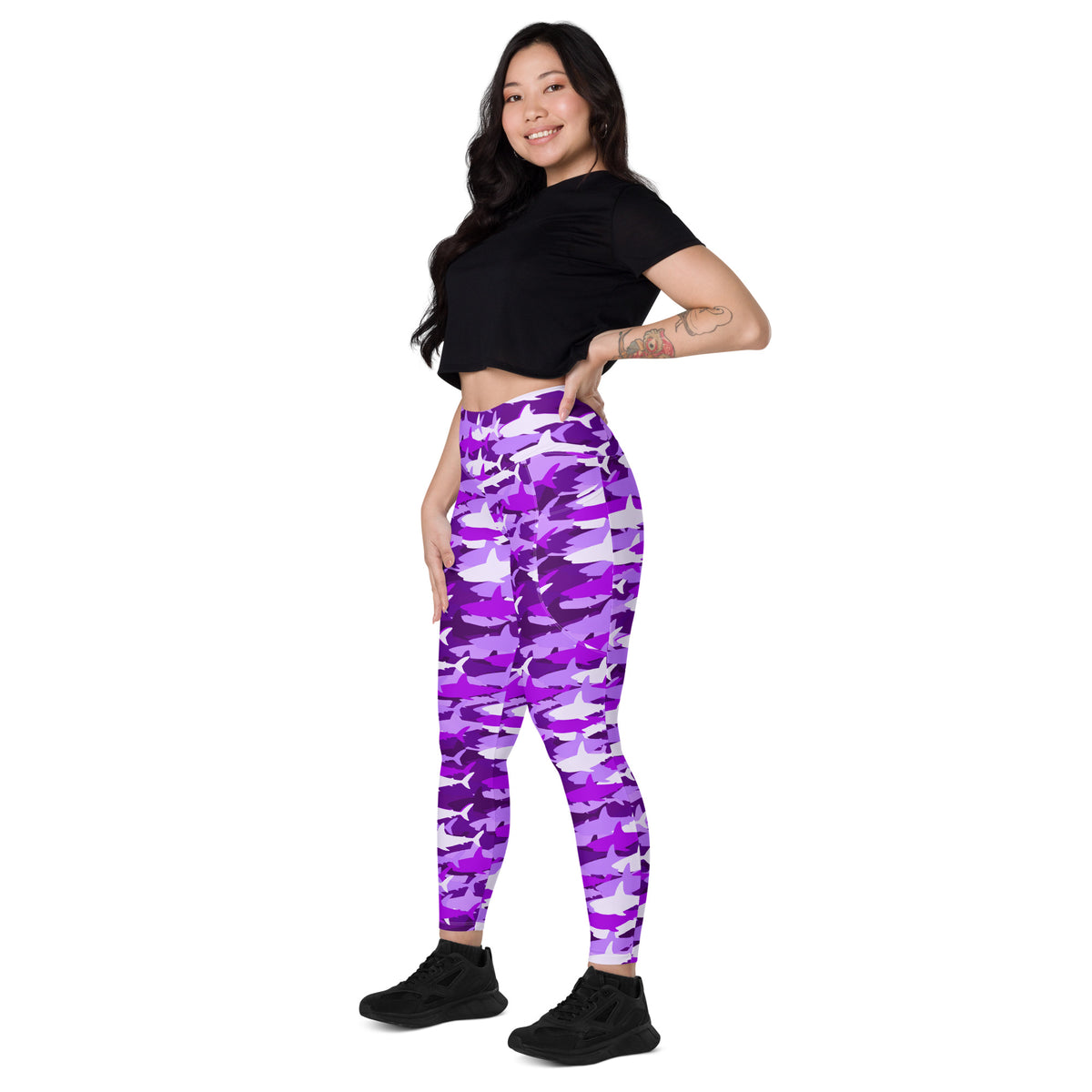 Women’s Purple Shark Camouflage Yoga Leggings With Pockets – High-Waisted, Soft Compression Active Pants