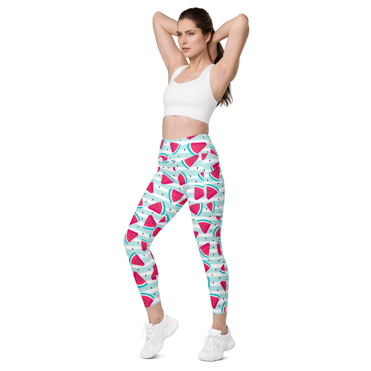 Women’s Watermelon Stripe Yoga Leggings With Pockets – High-Waisted, Soft Compression Active Pants