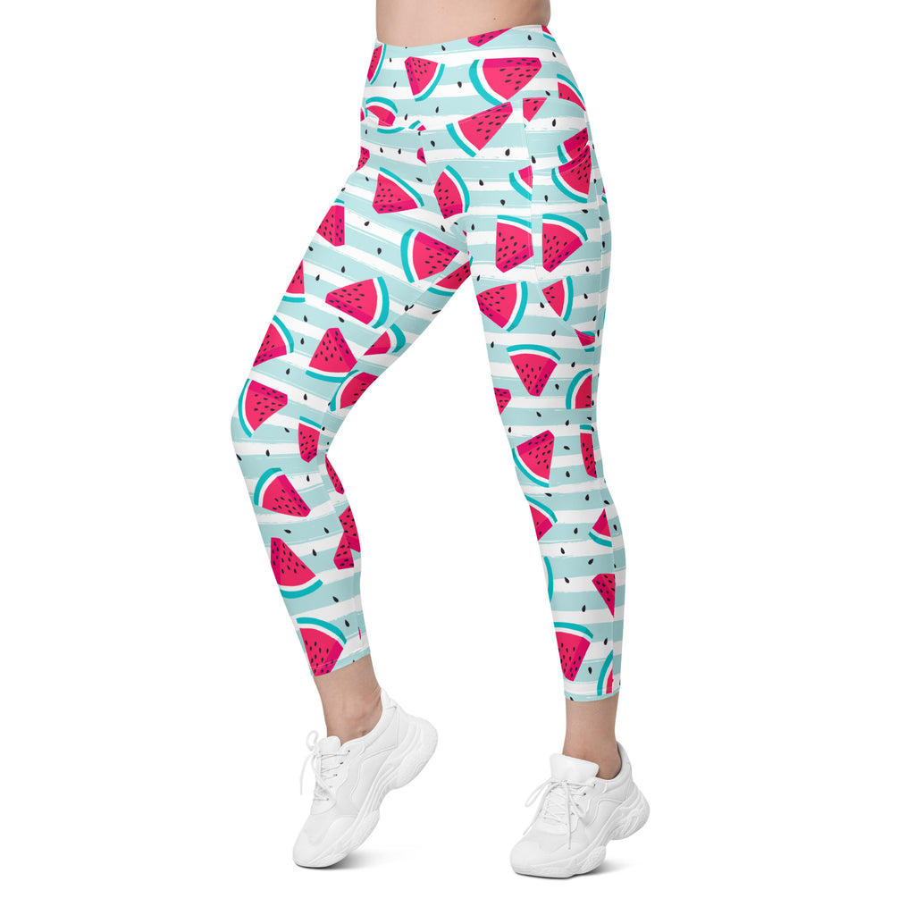 Women’s Watermelon Stripe Yoga Leggings With Pockets – High-Waisted, Soft Compression Active Pants
