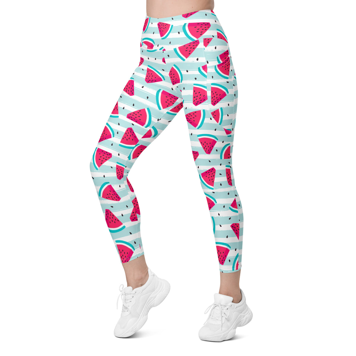 Women’s Watermelon Stripe Yoga Leggings With Pockets – High-Waisted, Soft Compression Active Pants