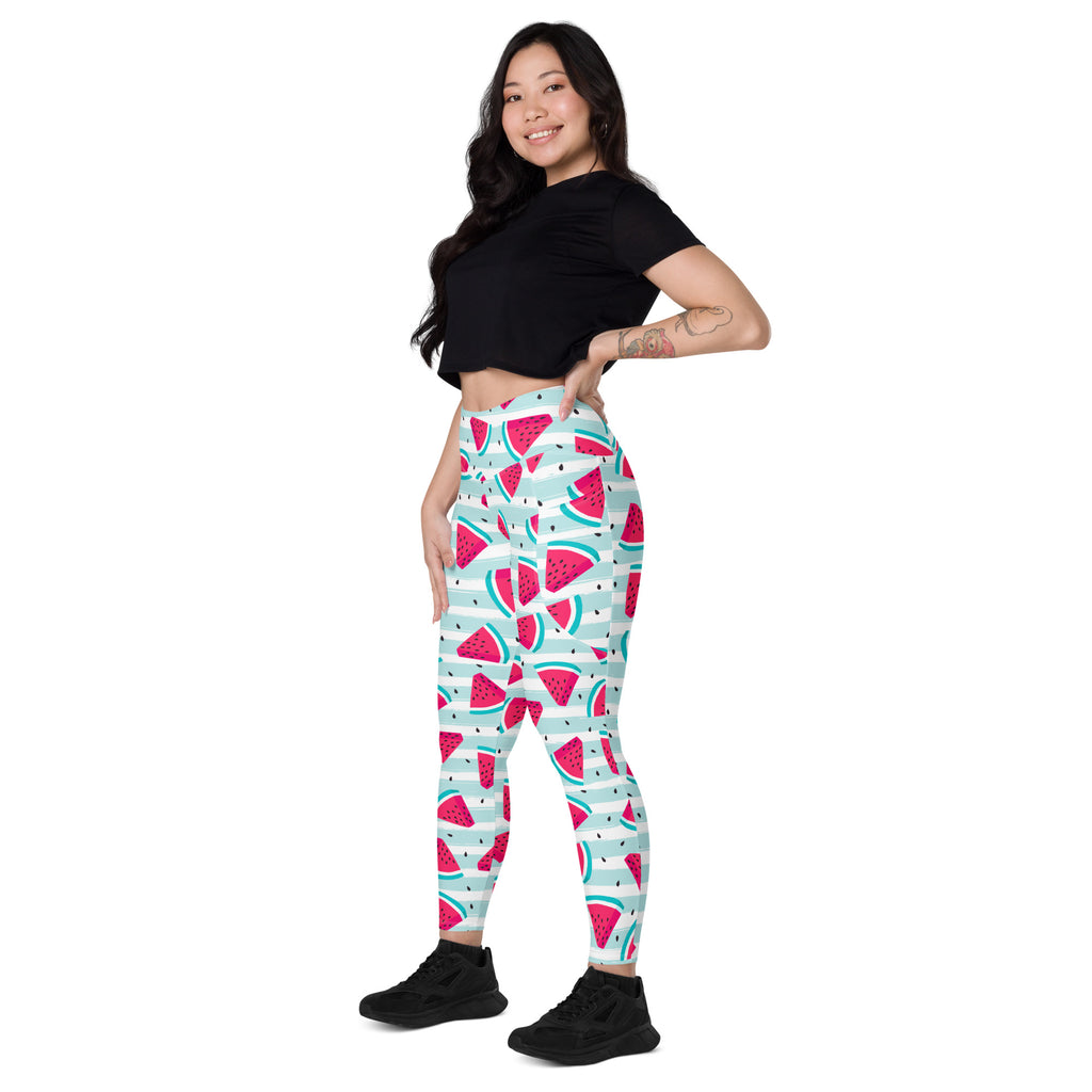 Women’s Watermelon Stripe Yoga Leggings With Pockets – High-Waisted, Soft Compression Active Pants