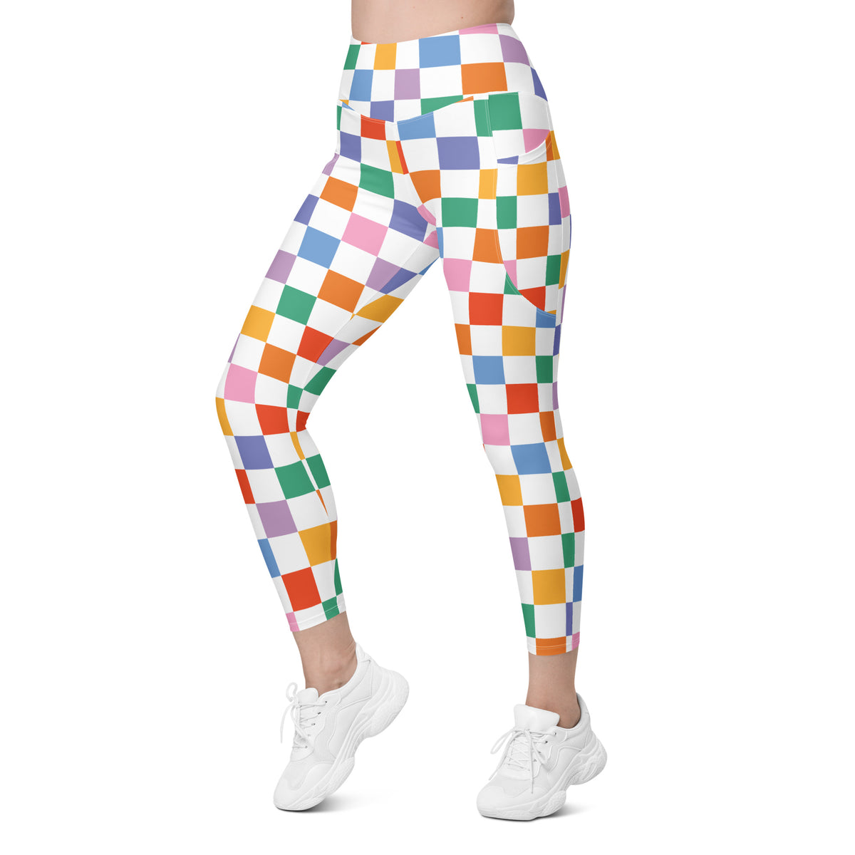 Women’s Colorful Checkered Yoga Leggings With Pockets – High-Waisted, Soft Compression Active Pants