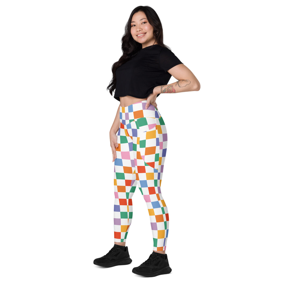 Women’s Colorful Checkered Yoga Leggings With Pockets – High-Waisted, Soft Compression Active Pants
