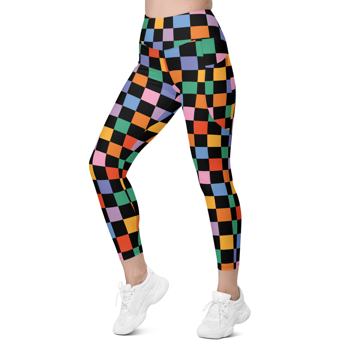 Women’s Dark Colorful Checkered Yoga Leggings With Pockets – High-Waisted, Soft Compression Active Pants