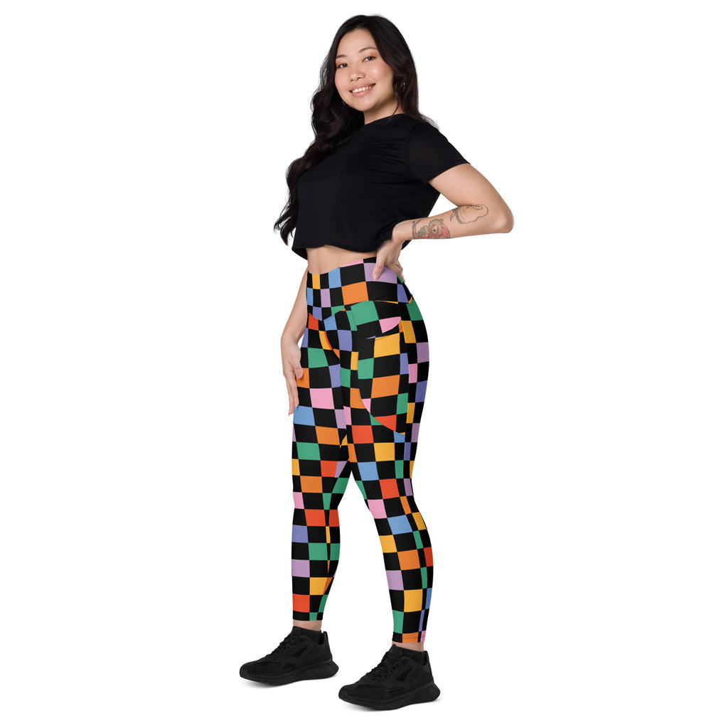 Women’s Dark Colorful Checkered Yoga Leggings With Pockets – High-Waisted, Soft Compression Active Pants