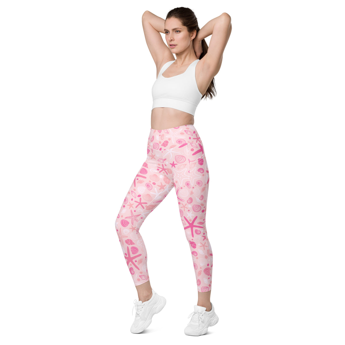 Women’s Pink Starfish & Shells Yoga Leggings With Pockets – High-Waisted, Soft Compression Active Pants