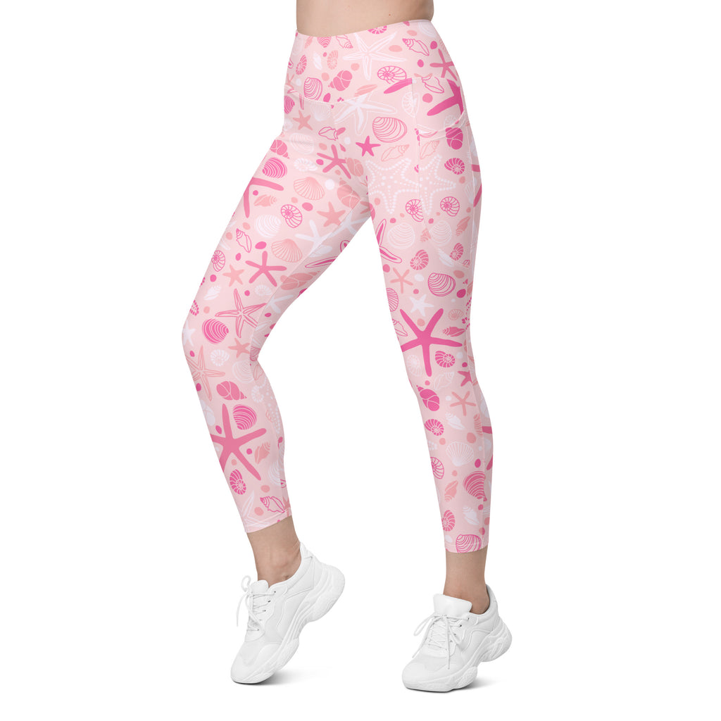 Women’s Pink Starfish & Shells Yoga Leggings With Pockets – High-Waisted, Soft Compression Active Pants