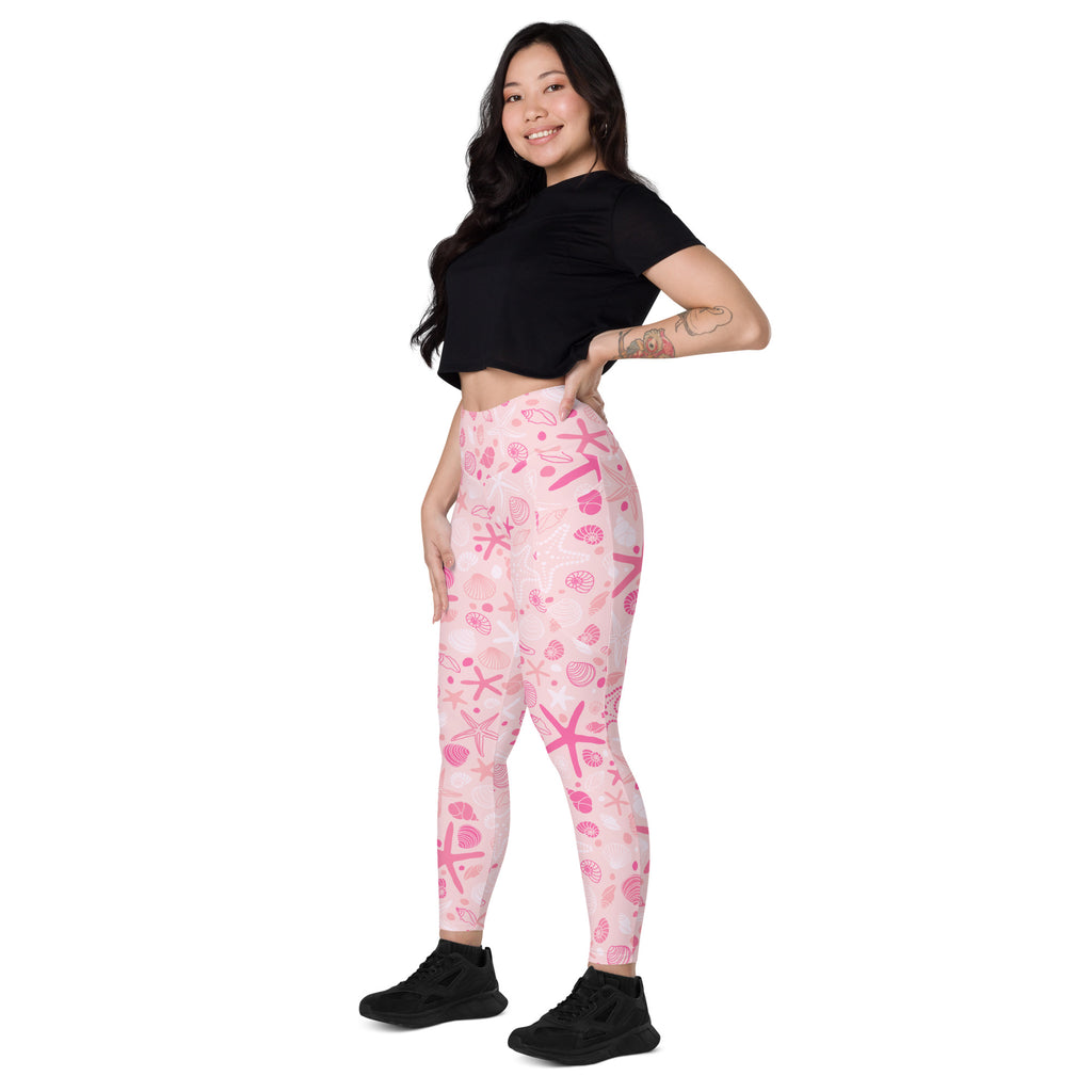 Women’s Pink Starfish & Shells Yoga Leggings With Pockets – High-Waisted, Soft Compression Active Pants