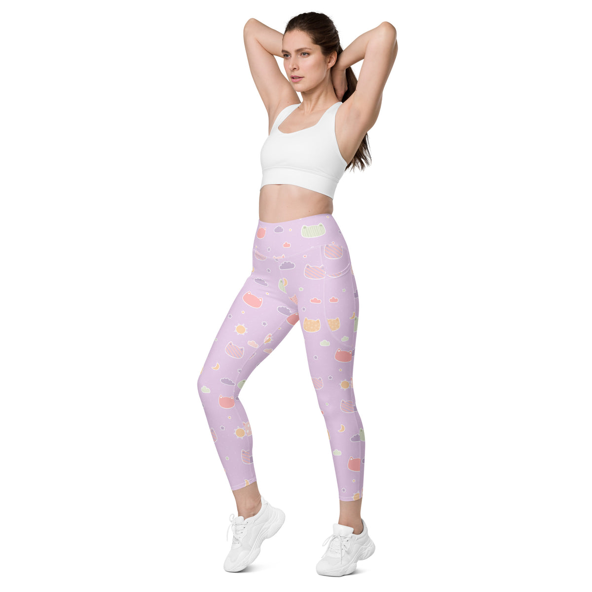 Women’s Pastel Purple Kawaii Cats & Clouds Yoga Leggings With Pockets – High-Waisted, Soft Compression Active Pants