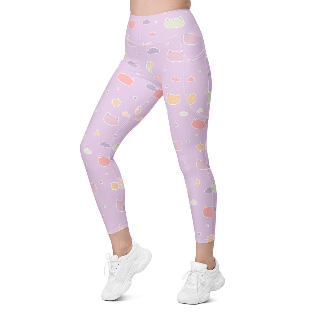 Women’s Pastel Purple Kawaii Cats & Clouds Yoga Leggings With Pockets – High-Waisted, Soft Compression Active Pants