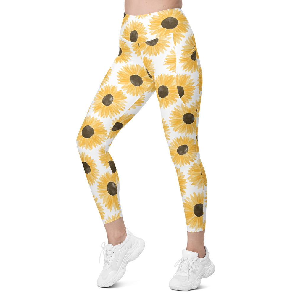 Women’s Watercolor Sunflower Yoga Leggings With Pockets – High-Waisted, Soft Compression Active Pants