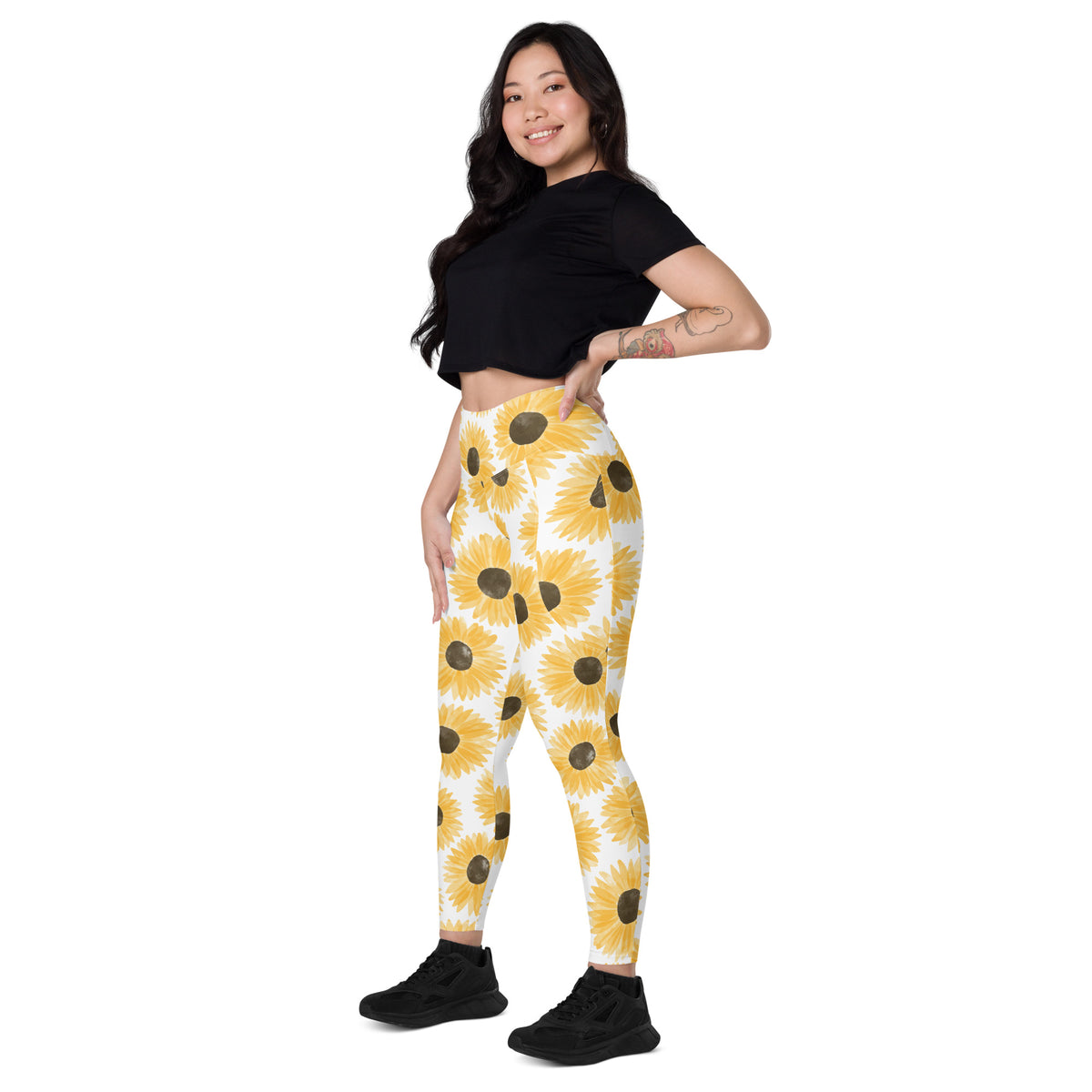 Women’s Watercolor Sunflower Yoga Leggings With Pockets – High-Waisted, Soft Compression Active Pants