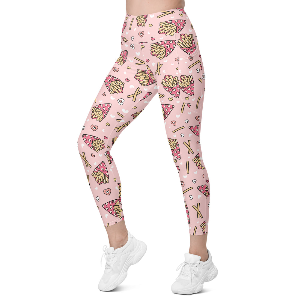 Women’s Pink French Fries Yoga Leggings With Pockets – High-Waisted, Soft Compression Active Pants