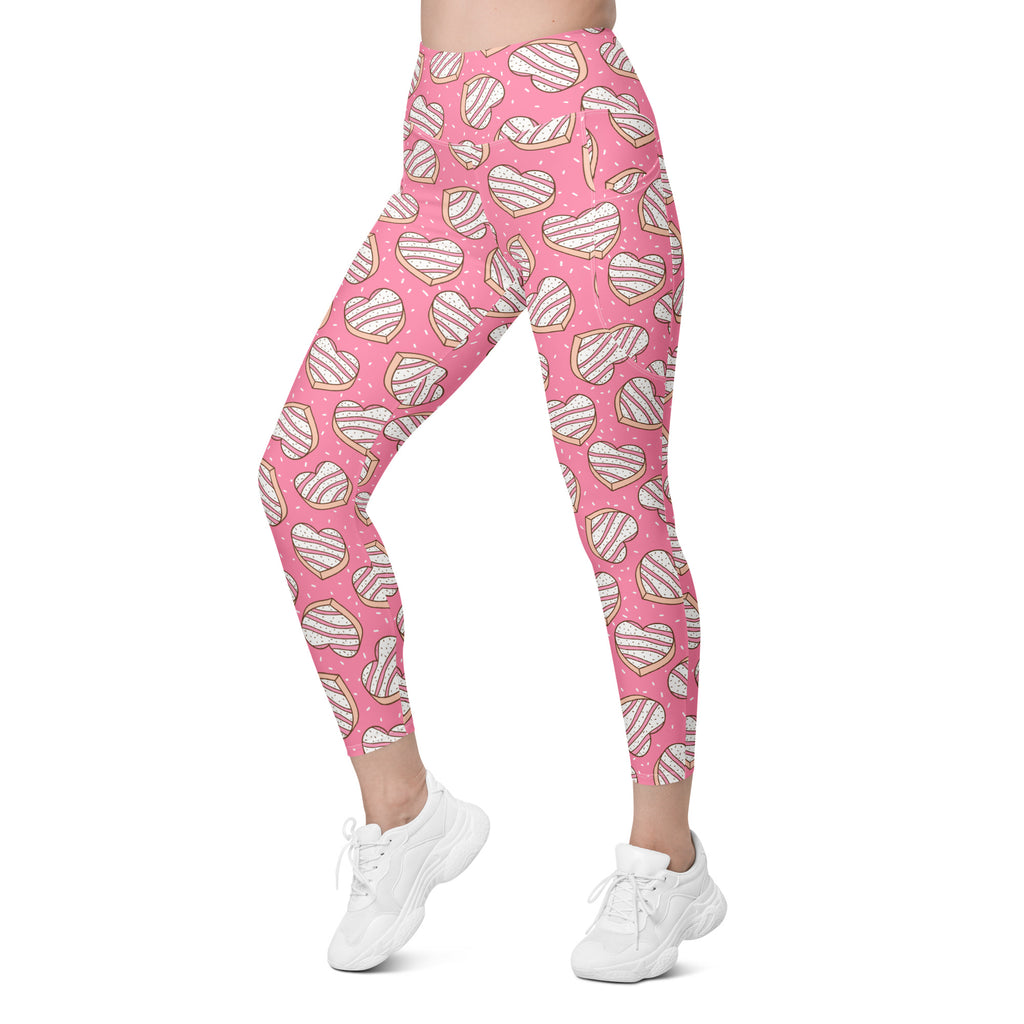 Women’s Pink Heart Cookie Yoga Leggings With Pockets – High-Waisted, Soft Compression Active Pants
