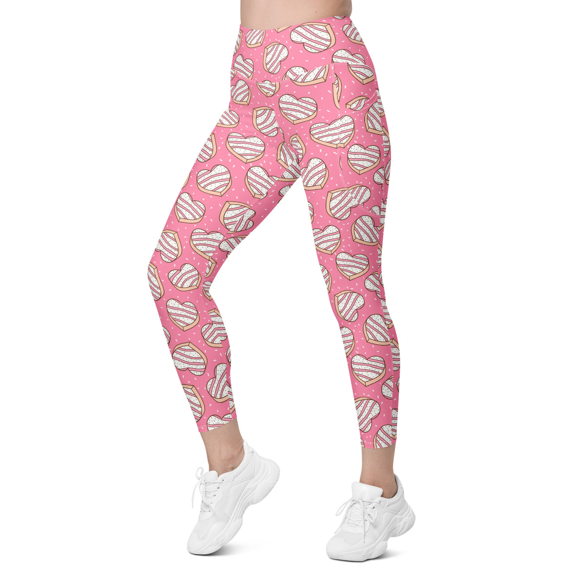 Women’s Pink Heart Cookie Yoga Leggings With Pockets – High-Waisted, Soft Compression Active Pants