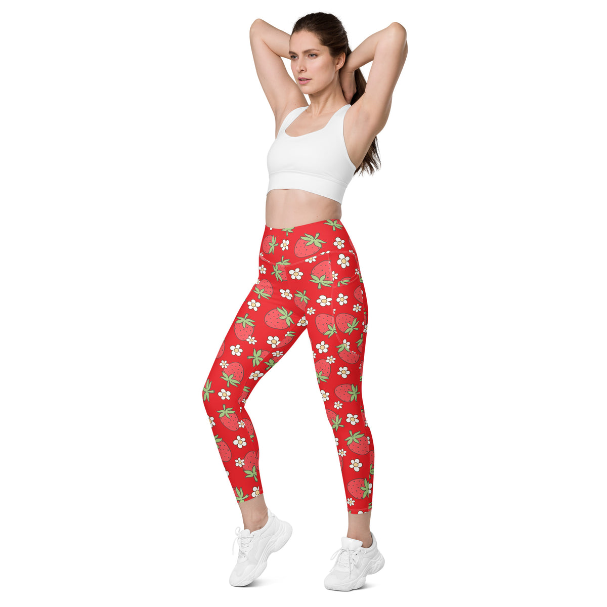 Women’s Floral Strawberry Yoga Leggings With Pockets – High-Waisted, Soft Compression Active Pants