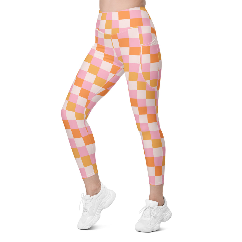 Women’s Pink & Orange Checkered Yoga Leggings With Pockets – High-Waisted, Soft Compression Active Pants