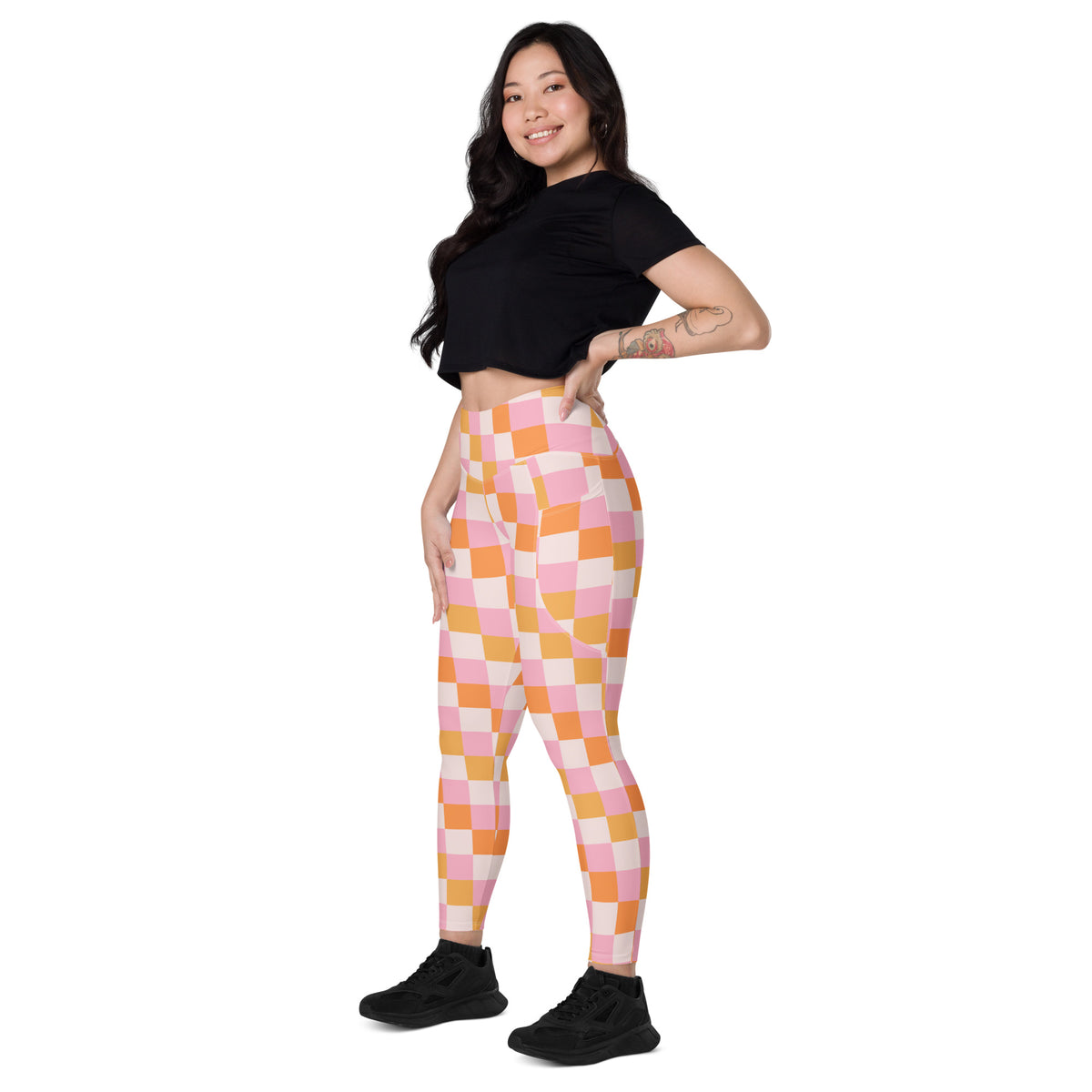 Women’s Pink & Orange Checkered Yoga Leggings With Pockets – High-Waisted, Soft Compression Active Pants
