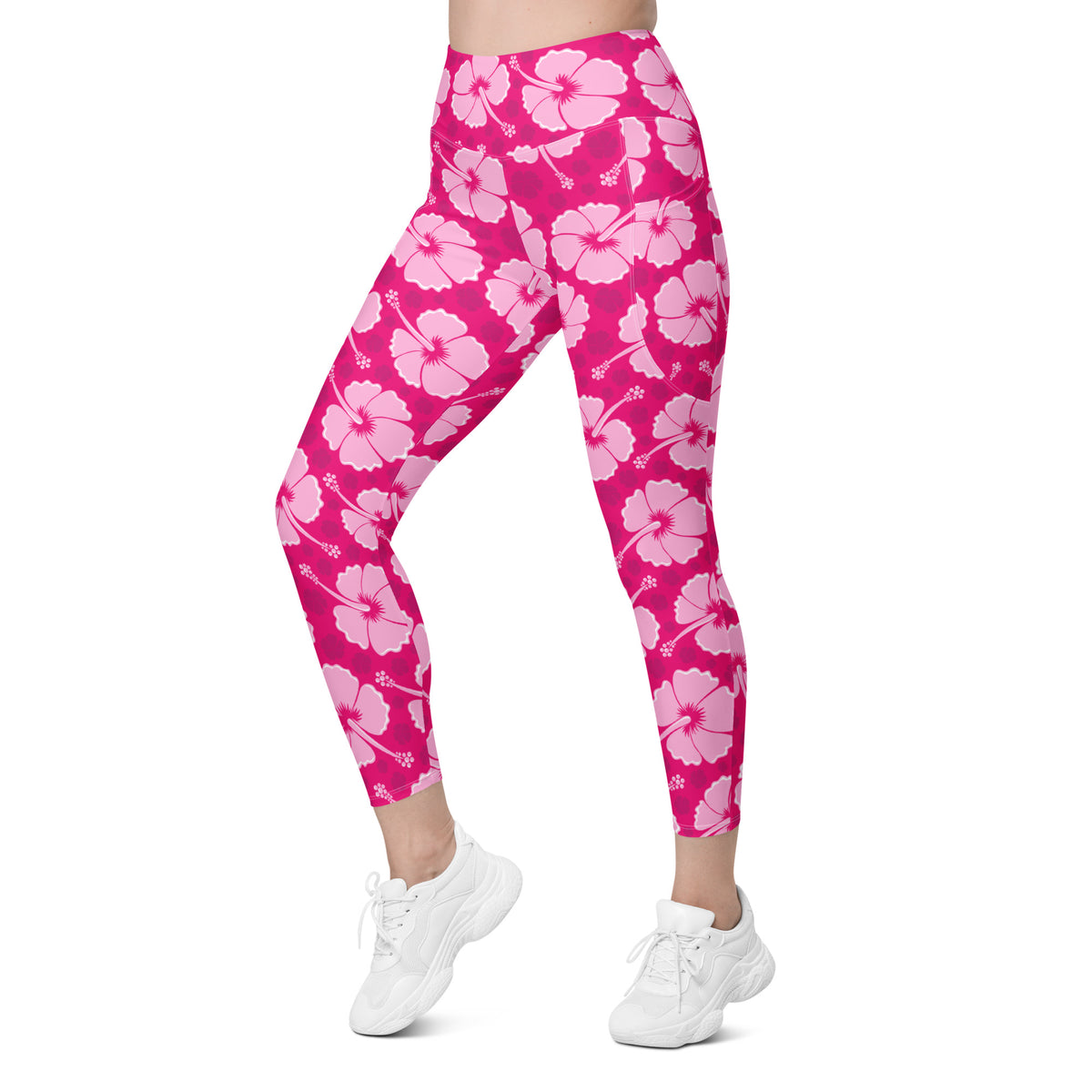 Women’s Tropical Pink Hibiscus Yoga Leggings With Pockets – High-Waisted, Soft Compression Active Pants