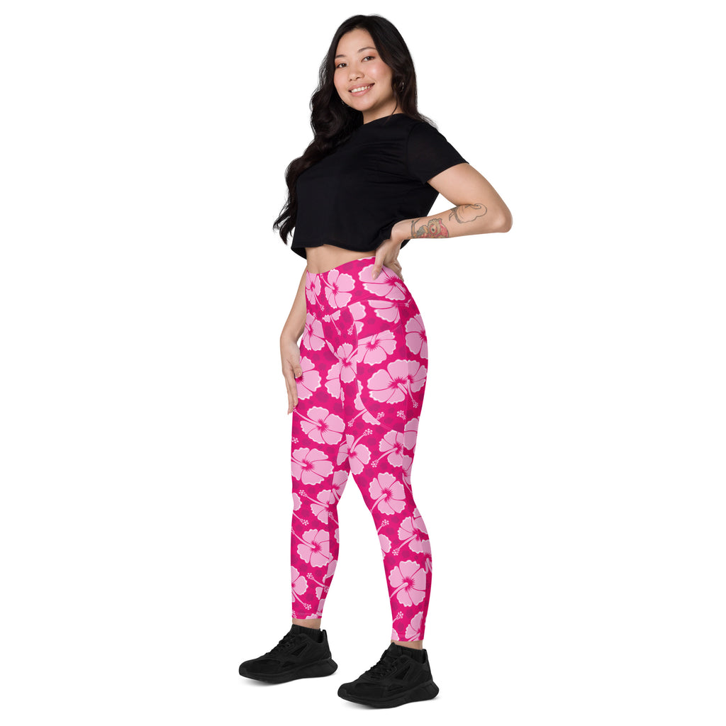 Women’s Tropical Pink Hibiscus Yoga Leggings With Pockets – High-Waisted, Soft Compression Active Pants