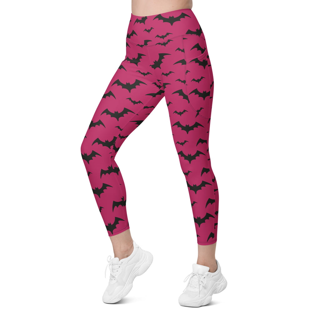 Women’s Pink Bats Halloween Yoga Leggings With Pockets – High-Waisted, Soft Compression Active Pants