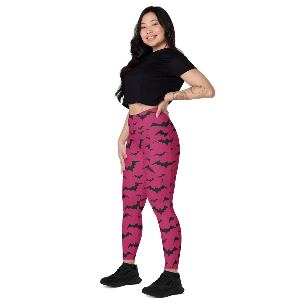 Women’s Pink Bats Halloween Yoga Leggings With Pockets – High-Waisted, Soft Compression Active Pants