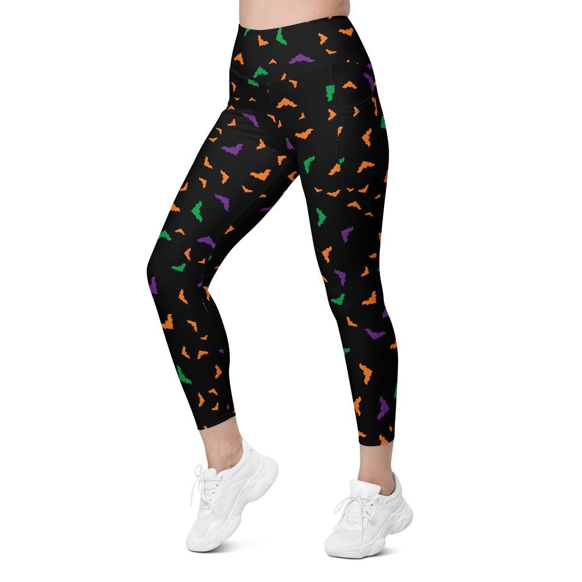 Women’s Colorful Bats Halloween Leggings With Pockets – High-Waisted, Soft Compression Active Pants