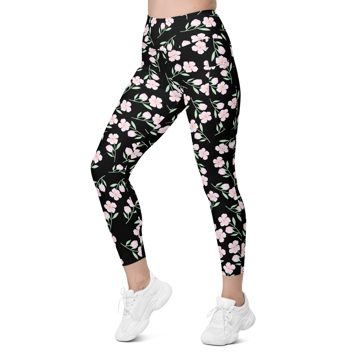 Women’s Pink Floral Leggings With Pockets – High-Waisted, Soft Compression Active Pants