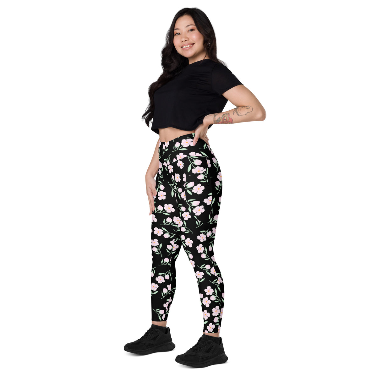 Women’s Pink Floral Leggings With Pockets – High-Waisted, Soft Compression Active Pants