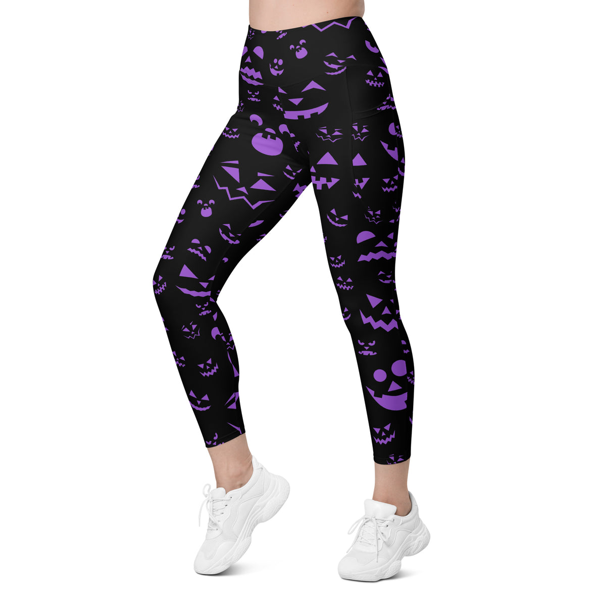 Women’s Purple Jack O’ Lantern Faces Halloween Yoga Leggings With Pockets – High-Waisted, Soft Compression Active Pants
