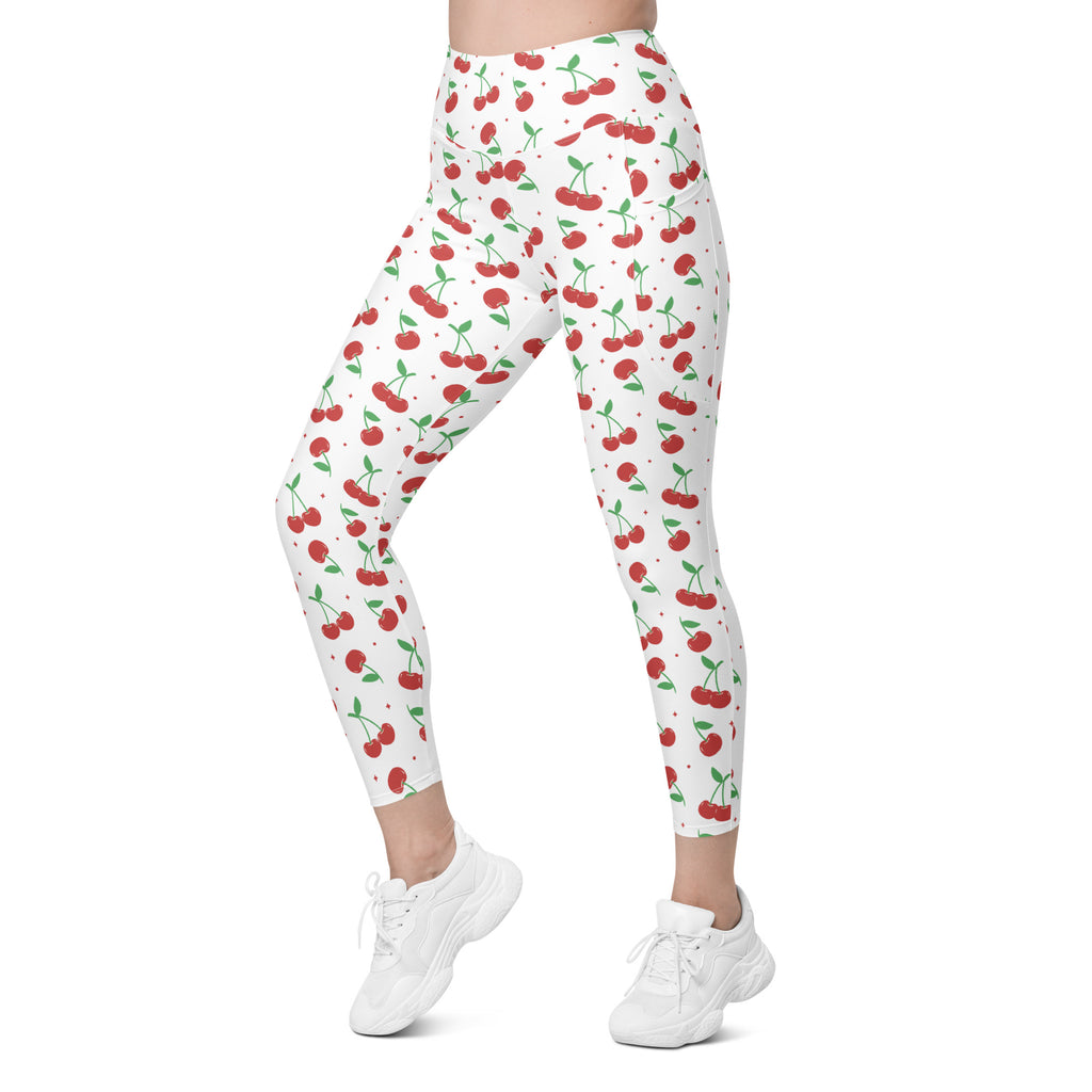 Women’s Cherry Yoga Leggings With Pockets – High-Waisted, Soft Compression Active Pants
